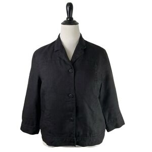 TALBOTS Irish Linen Black Button JACKET Blazer 14 VTG 3/4 SL Minimalist Office